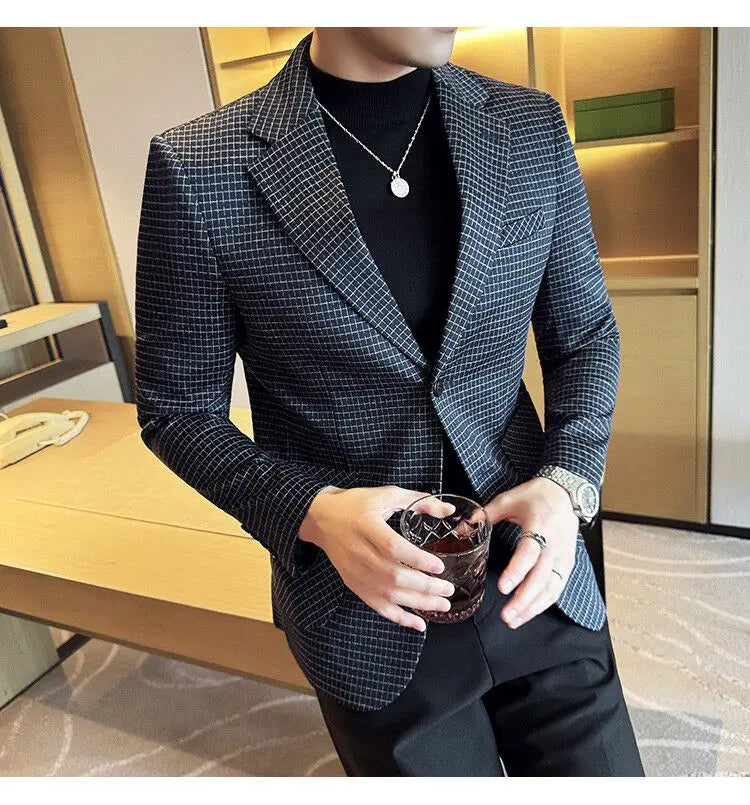 Men's Elegant Grid Suit Jacket 2026 Spring New Fashion Slim Blazer Jackets Social Prom Dress Jacket Men's High Quality Clothing