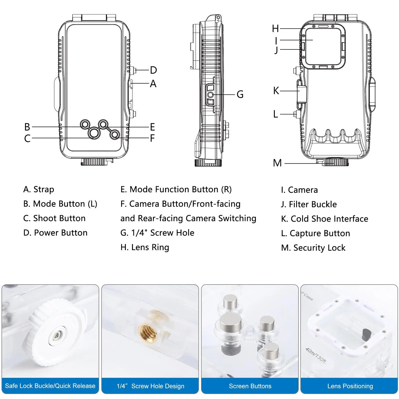 PULUZ 40m/130ft Waterproof Diving Case for iPhone 16 15 14 13 12 11 Pro Max Plus Photo Video Taking Underwater Housing Cover