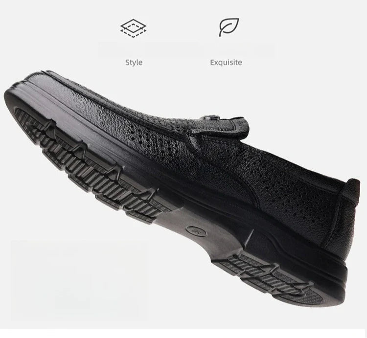 Men's Summer Breathable Leather Loafers Brown Hollow Out Slip-On Shoes Male Thick Sole Comfortable Non-slip Work Shoes for Man