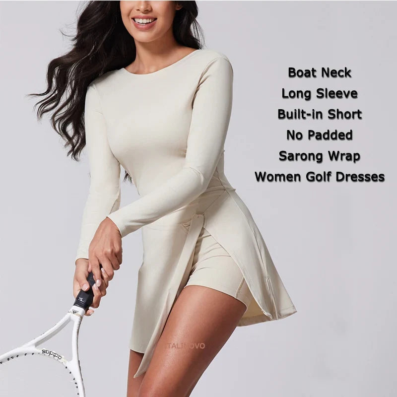 Womens High Neck Tennis Dress Long Sleeve Sarong Wrap Skirt Built in Shorts Golf Athletic Dress Workout Rompers
