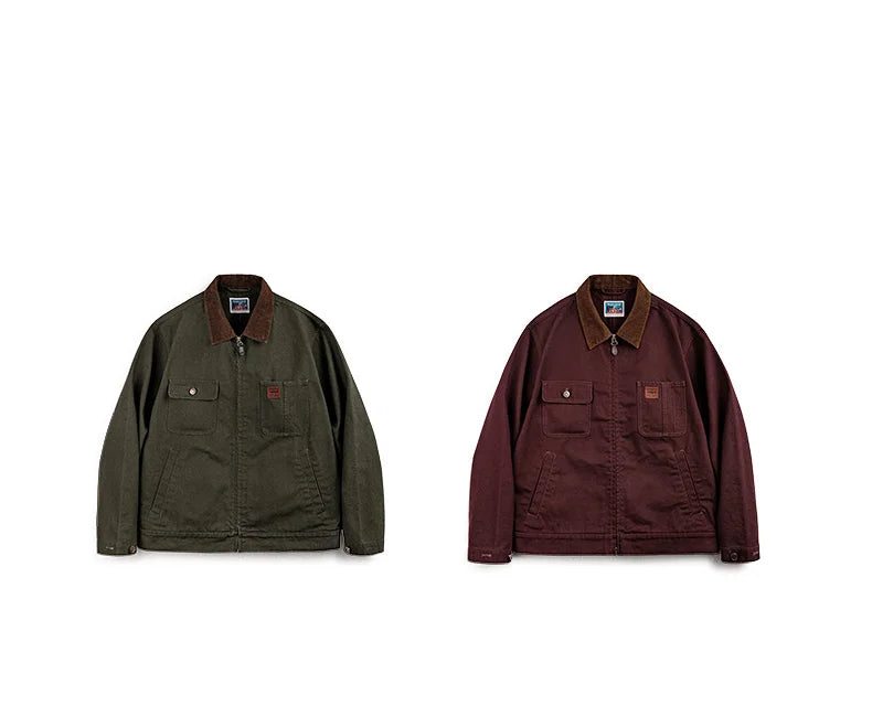 Retro Heavyweight Canvas Detroit Jacket Corduroy Collar Hunting Short Zip-Up Jacket with Pockets Men's Autumn Outerwear