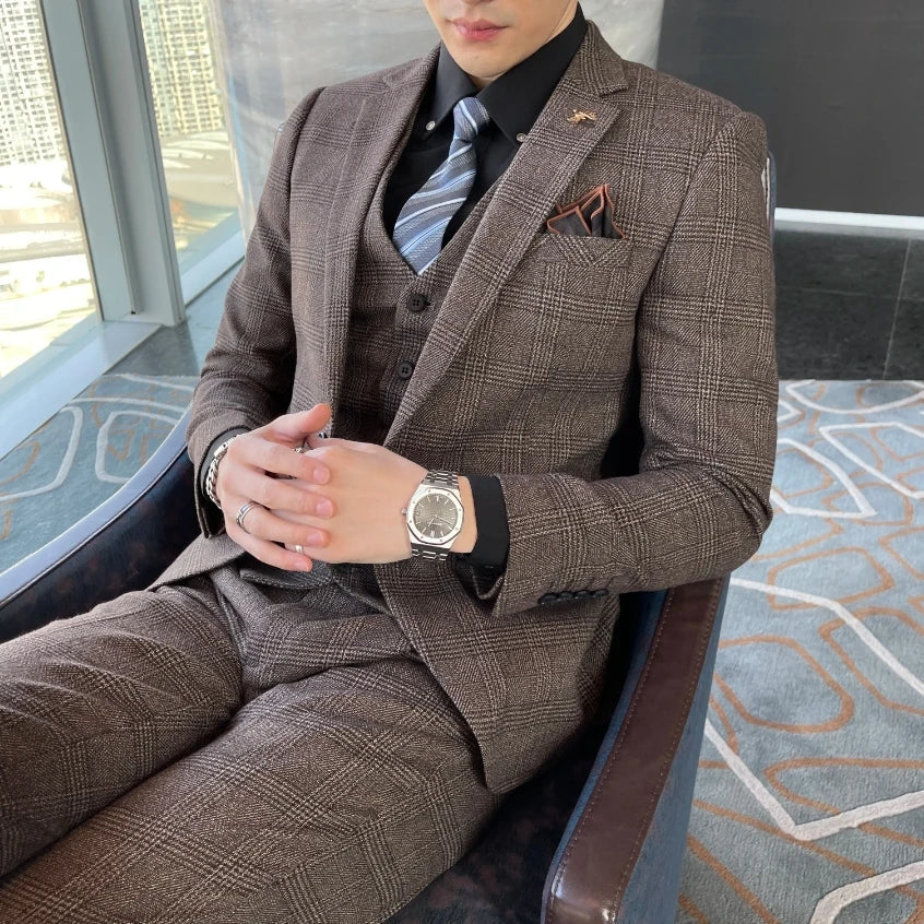British Modified Plaid Three-Piece Suit for Men - Stylish Business Casual Suit Vest And Trousers Set
