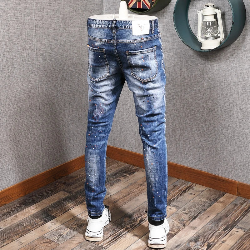 Fashion Streetwear Men Jeans Retro Blue Elastic Slim Fit Ripped Jeans