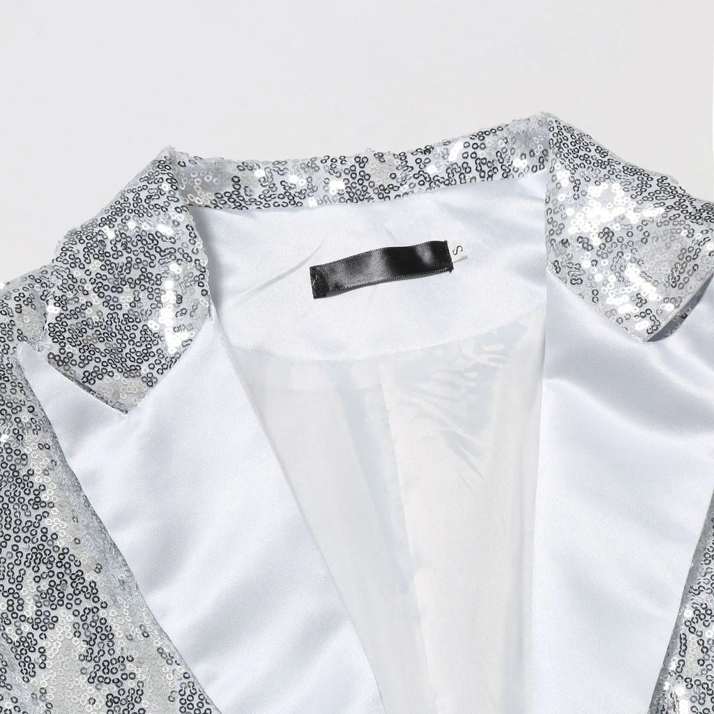 2026 Men's Suit Jacket, Shiny Sequin Stage Performance Coat, White Silver Blue Red Purple Blazers V-neck Single Button S-XXL