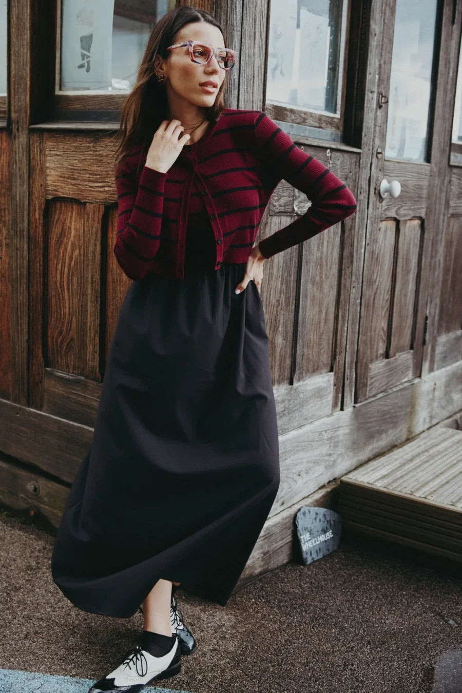 AW25 stripe knitting cardigan + sleeveless patch dress maxi matching set for woman clothing