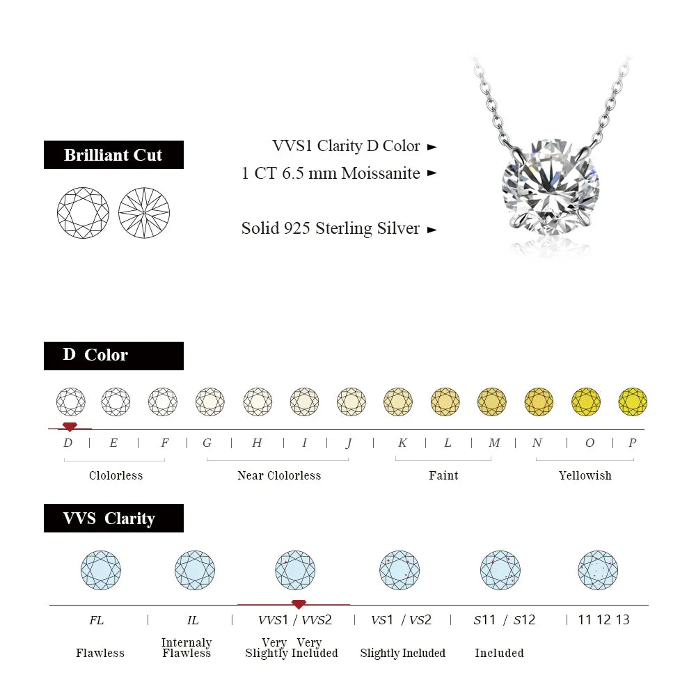 Necklace For Woman Pendant Moissanite Diamond 6.5mm 1CT 925 Silver Necklace For Women Chains Party Bridal Fine Jewelry