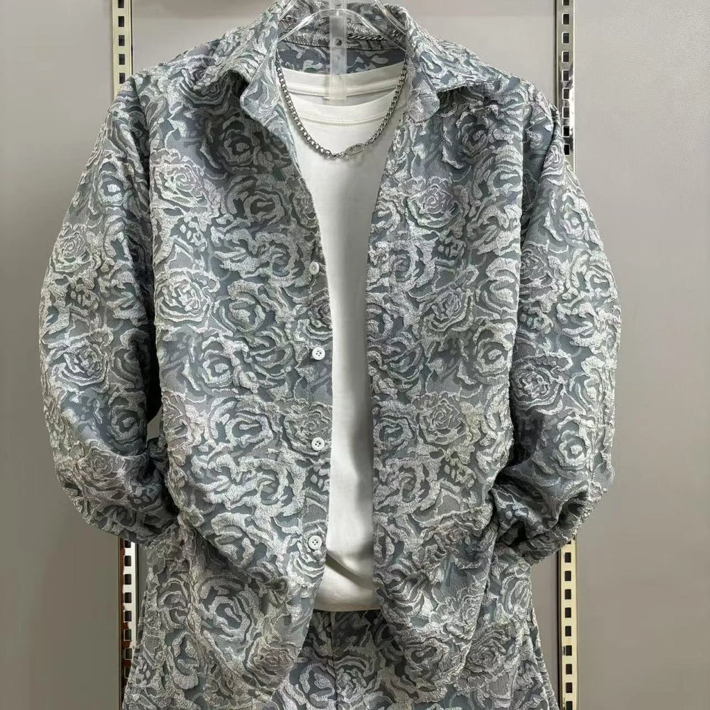 Men's Three-Dimensional Relief Small Fragrance Fashion Shirt Set Casual Versatile Sports Two-Piece Trendy Outfit