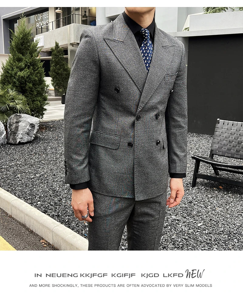 Men Vintage Luxury Double Breasted Slim Fit Lapel Evening Gown ltalian Style Fashion High-end Groom Wedding Party Tuxedo 2 Piece