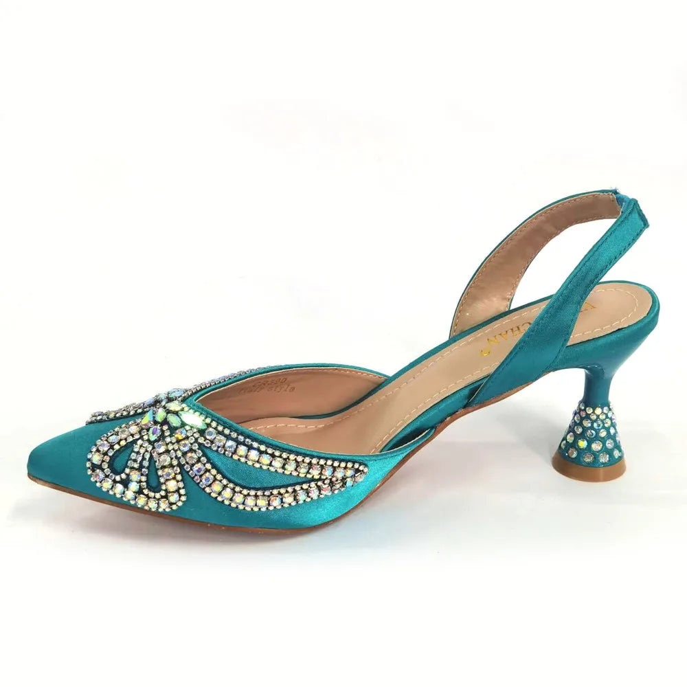 Elegant Green Bling Bow Pointed Toe Pumps for Women and Bags