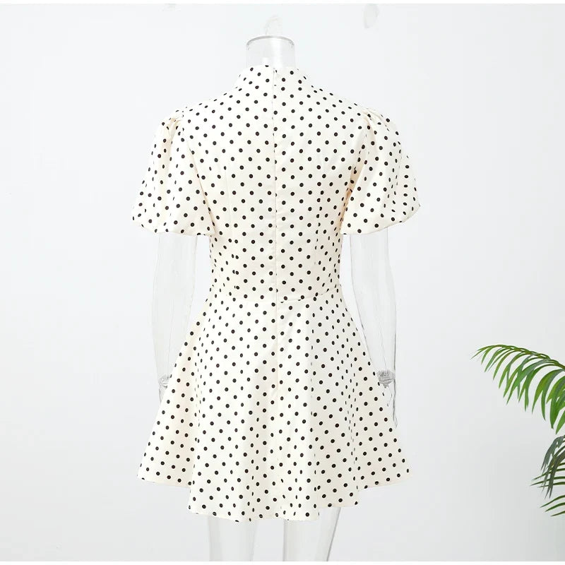 Retro Polka Dot Mini A-line Dress Elegant Stand Collar Puff Short Sleeve Waist-cinching Dresses 2026 New Lady Party Gowns