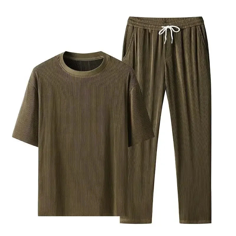 High-End Ice Silk Men's Sports Suit Casual Home Use Long Pants Short Sleeves Quick Drying Top Set Summer Collection