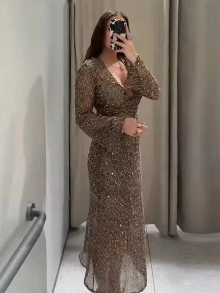Sexy Sequined Long Pleated Dress Women Deep V-neck Full Sleeve See Through Dresses 2026 Summer Lady Party Evening Dresses ﻿