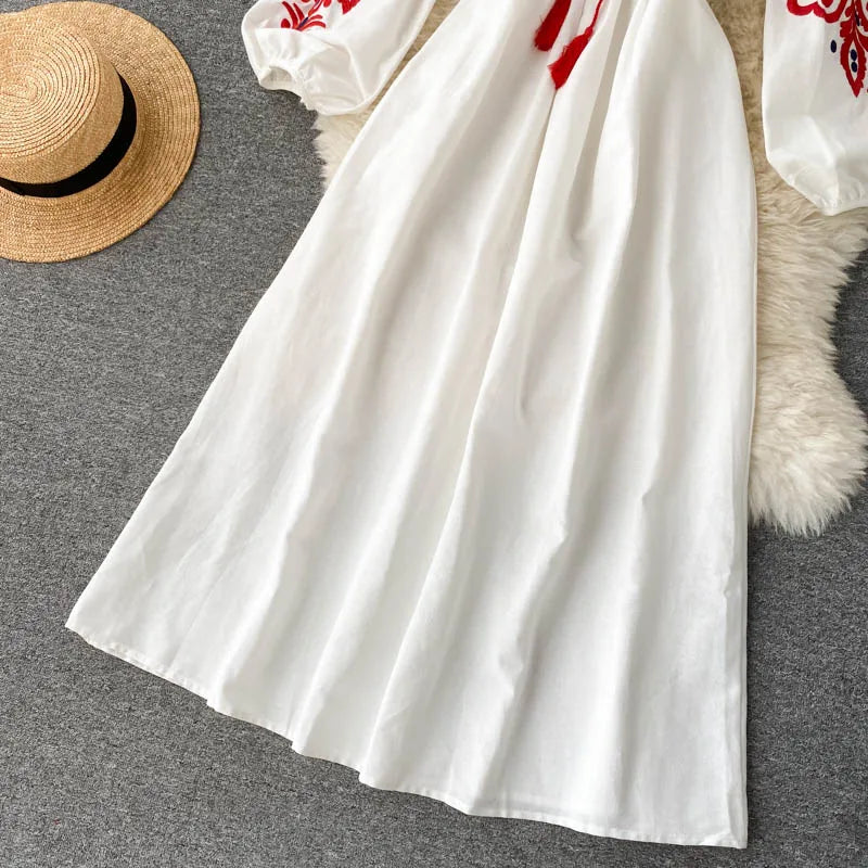 Embroidered Flower Long Sve Loose Fit Lantern Sve Gathered Slimming A-Line Dr Women's round Ne Dr