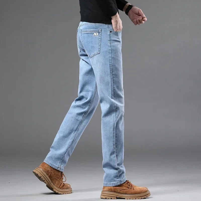 Fashion Light Blue Slim Straight Jeans Men's Spring autumn Elastic Comfortable Denim Pants Korean Casual Business Trousers
