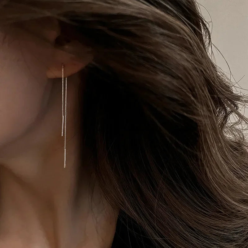 Retro Classic Long Tassel Ear Line Drop Dangle Earring for Women Charm Silver Color Stainless Steel Chain Hanging Earing Jewelry