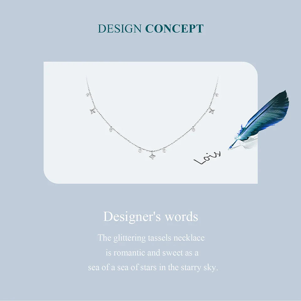 Genuine 925 Sterling Silver Dainty Starry Sky Tassel Necklace for Women, Cute Star Necklaces Christmas Jewel BSN414
