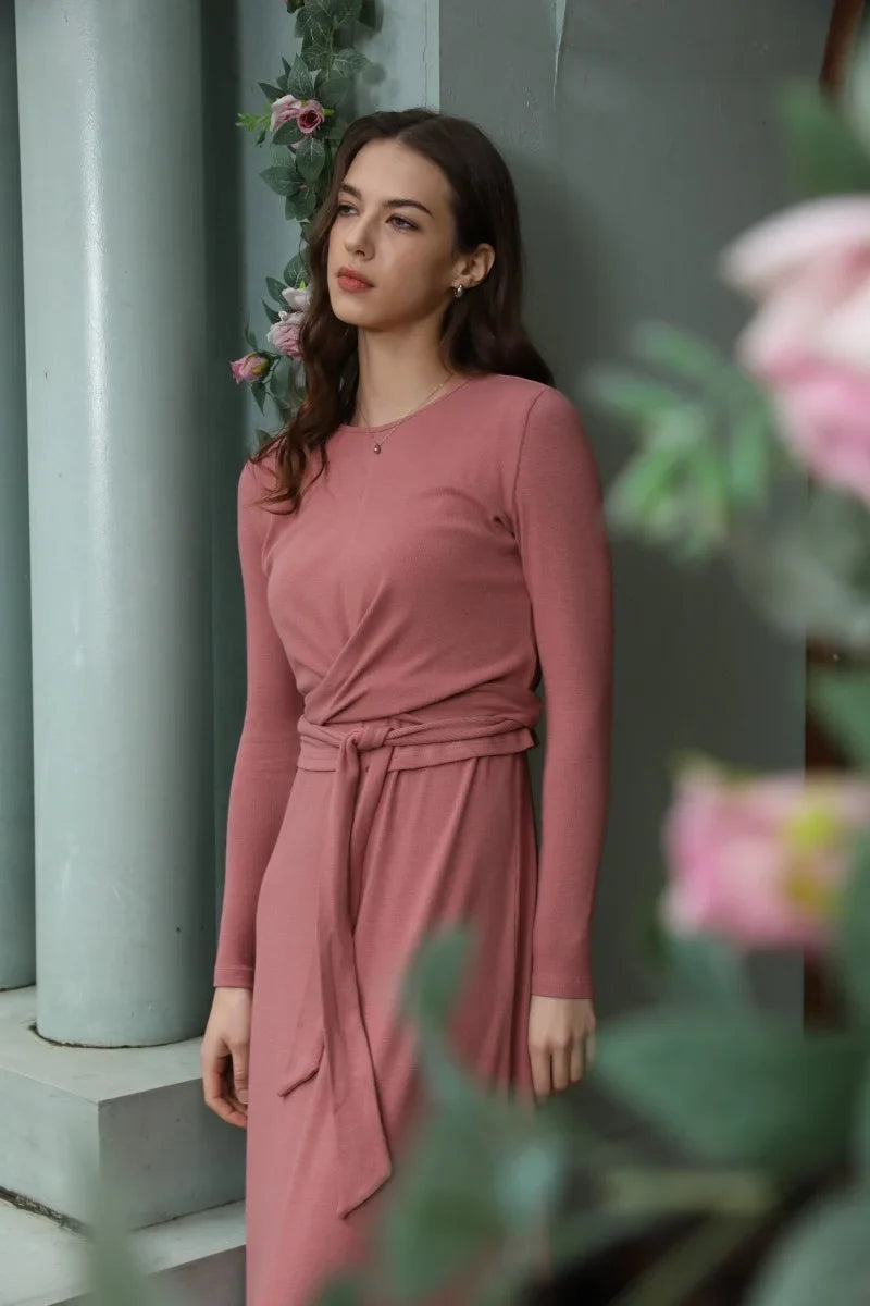 2025 summer ribbing closed-fit wrap tops + Aline dress high Stretch matching sets
