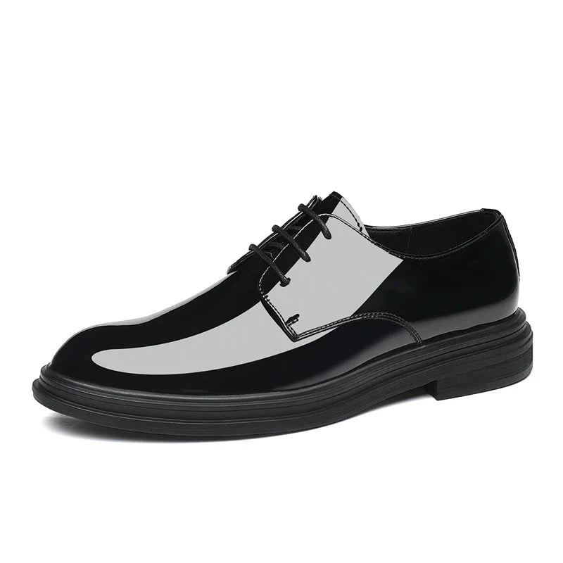Mens Black Patent Leather Lace Up Dress Shoes With Thick Sole Platform Block Heel Formal Business Wedding Party Office Work Shoe
