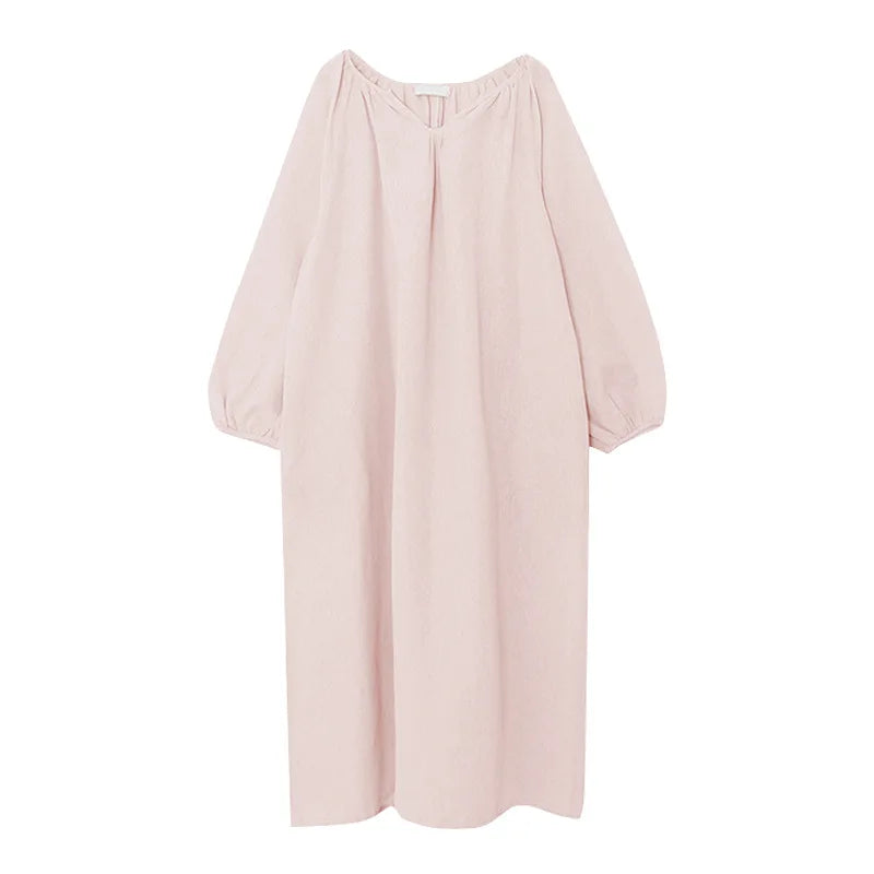 Vintage 100% Cotton Women Dress V Neck Long Sleeve Korean Jananse Pajama Dresses Ladies Comfortable Homewear Wearable Outside