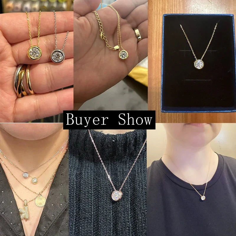 6.5mm Round Bezel Moissanite Pendant Necklace For Women 925 Sterling Silver Clavicle Chain Necklaces Jewelry Collare Mujer