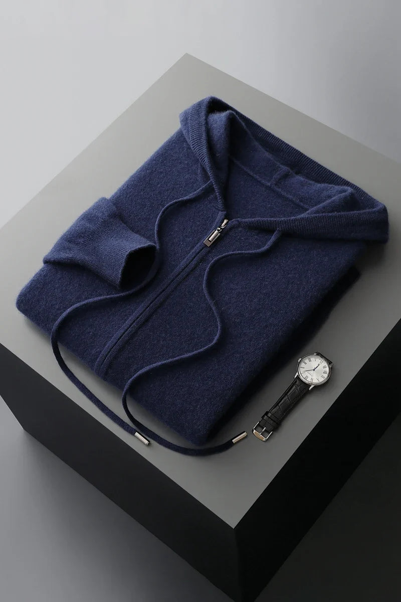 2025 New Men Knitted Plane Hooded Cardigan Cashmere Sweater Zipper Design Pocket Decoration High quality Thick Warmth Hoodie