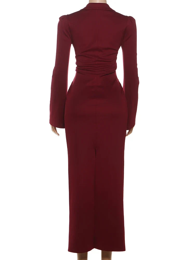 Sexy Maxi Dress Women Shoulder Padded Zip Wrapped Bandage Long Sleeve Slit Elegant Solid Office Simple Skinny Bodycon