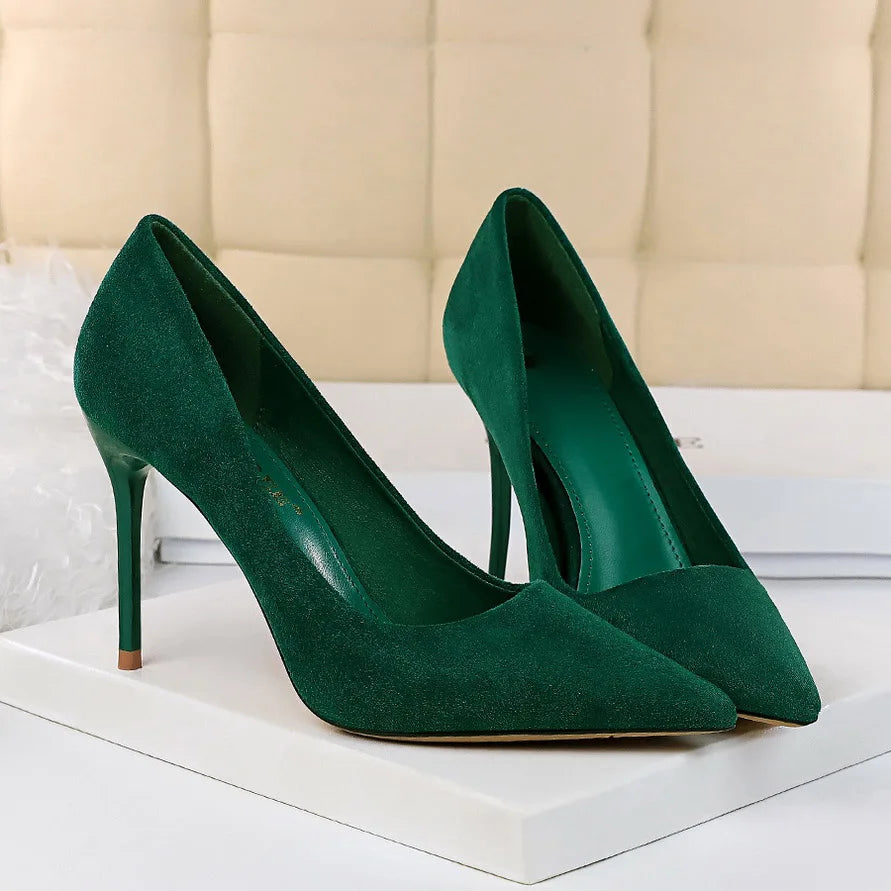 Women 9cm High Heels Pumps Stripper Flock Suede Plus Size Escarpins Lady Wedding Bridal Heels Escarpins Green Blue Yellow Shoes