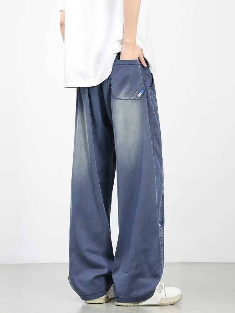 Summer Lyocell Men's Jeans Soft Elastic Washed Casual Pants Loose Lightweight Embroidery Wide Leg Straight Denim Trousers