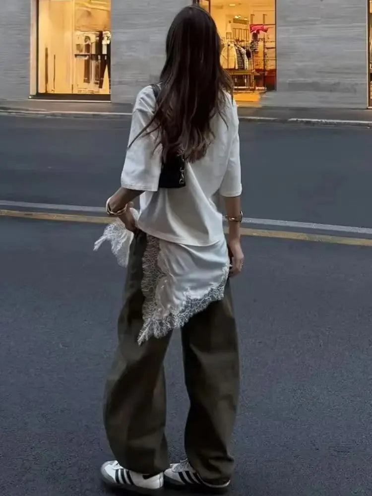 Women Vintage Solid Lace Patchwork T-Shirts Asymmetrical Hem O Neck Short Sleeve Shirt 2026 Trend High Street Lady Chic TEES