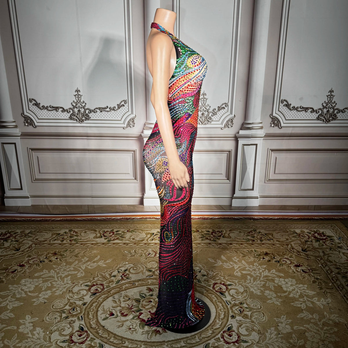 Plus Size Sexy Sheer Mesh Dress with Low Back & Colorful Rhinestones - Glamorous Nightclub & Party Gown for Women