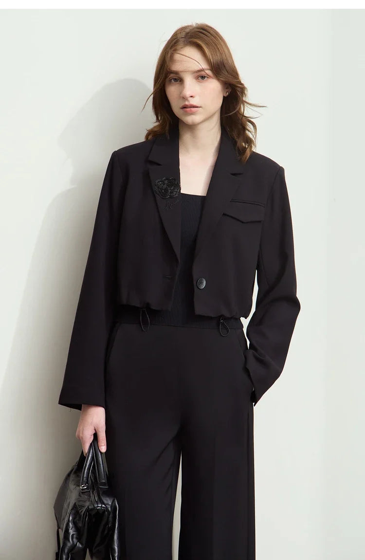 2026 Short Jacket Women's Shoulder Padded Suit Collar Rose Beaded Embroidery Autumn Long-sleeve Commuter Top 12521069