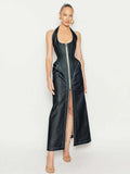 2025 New Women Celebrity Sexy Backless Halter Blue Zipper Denim Maxi Long Gowns Dress Elegant Evening Party Club Vestido