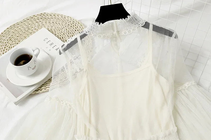 Lace Flower Mesh Summer Dress Women Lantern Sleeve White Casual Dresses Female Party Vintage Slim Women Dress 2 Piece Sets 12041