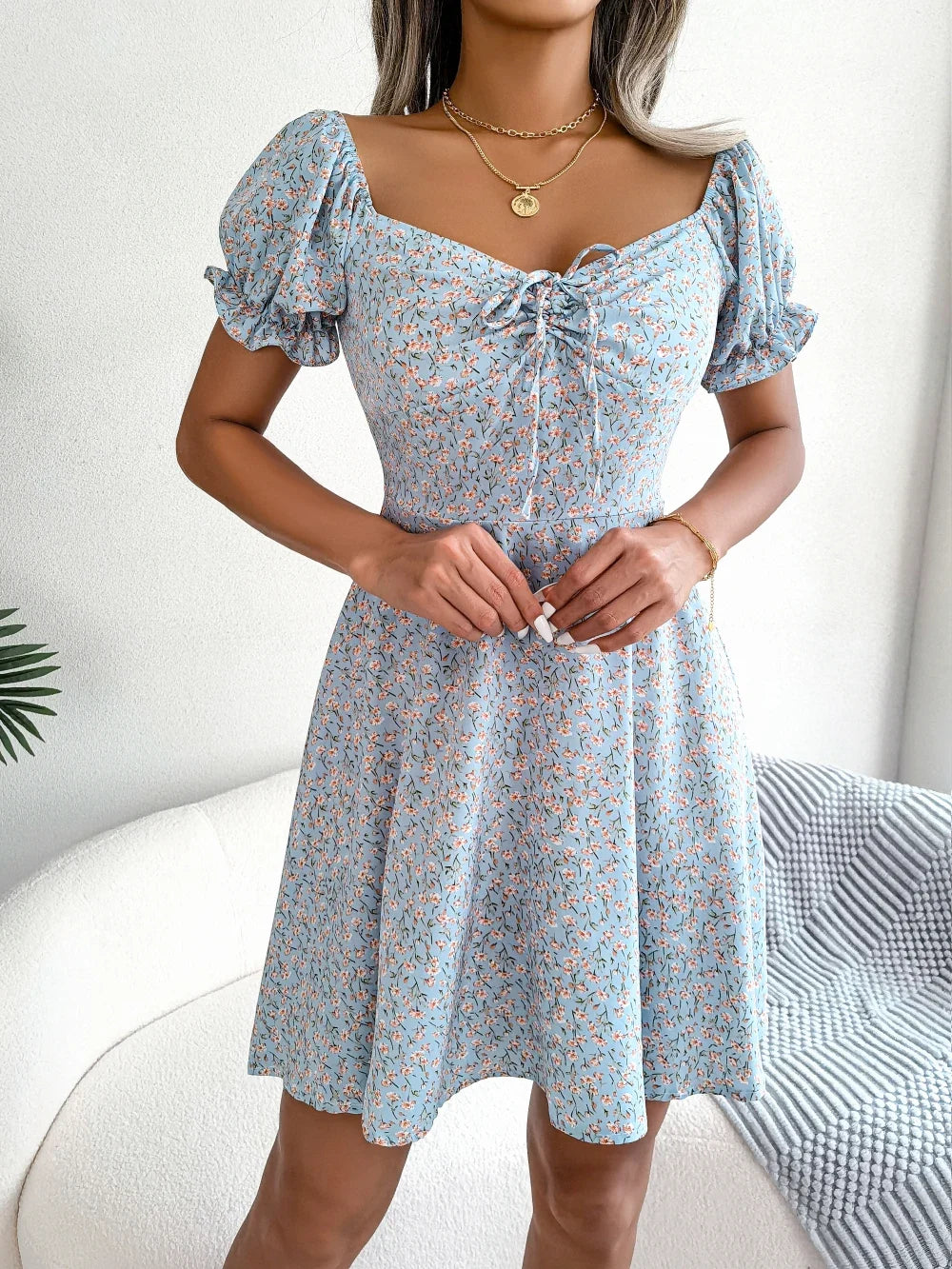 Women Casual Square Neck Flare Short Sleeve Floral Dress Elegant A Line Dress for Spring Summer 2026 Fashion Woman Clothing