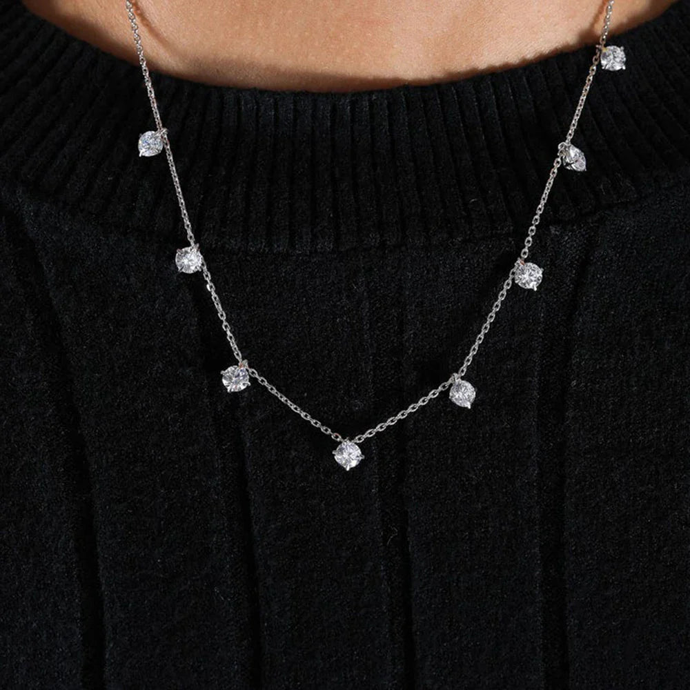8 Stone Round Cut Real Moissanite Necklace for Women Floating Tiny Diamonds Neck Chain S925 Silver 18K Gold Plated Jewelry Gift