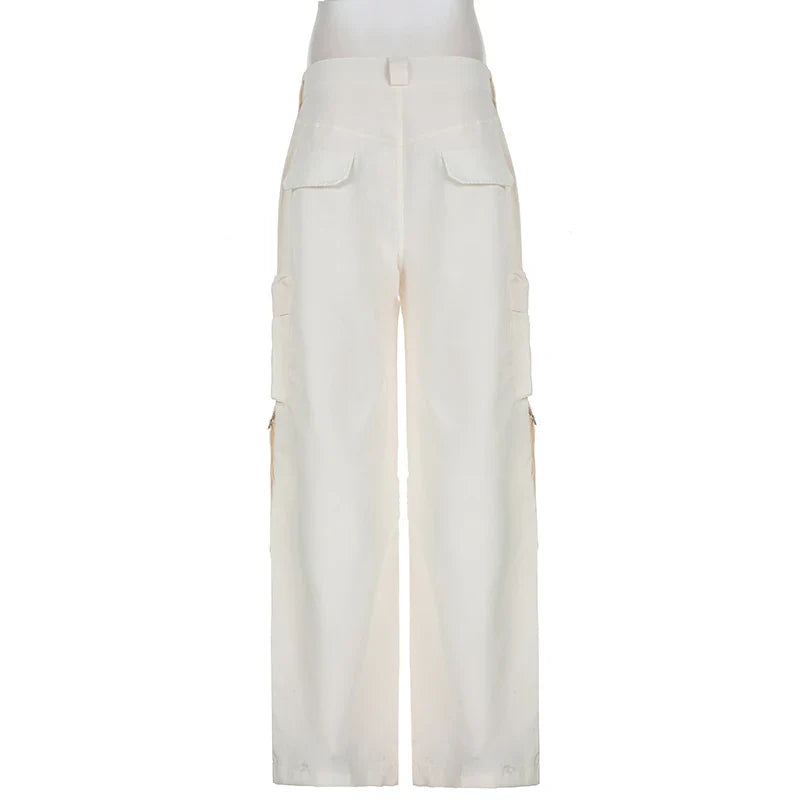 Streetwear Basic Buckle Cargo Pants Women Solid Straight Leg Big Pockets