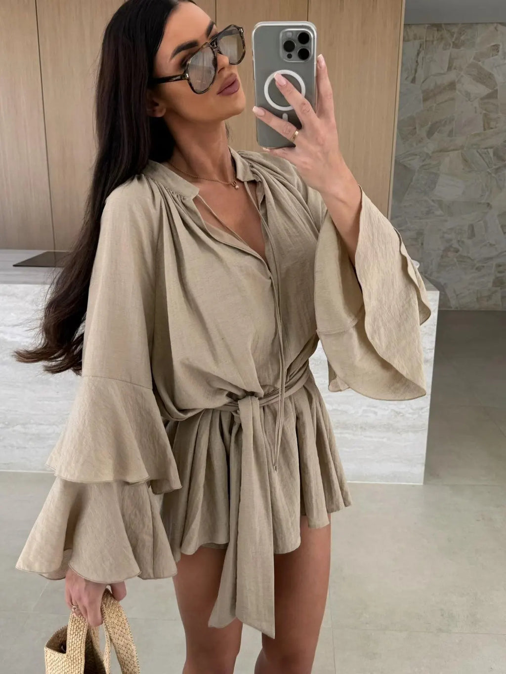2026 Autumn Ruffle Loose Mini Dress Casual Flare Sleeve Holiday Dresses Sexy Deep V-neck Lace Up Solid Women's Dress Vestidos
