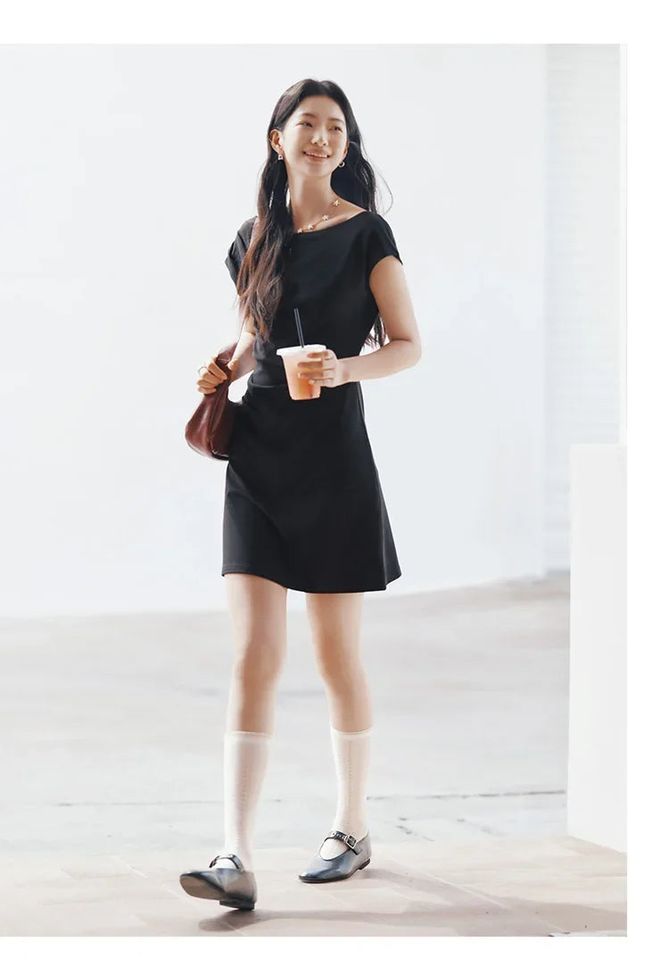 Women Dress One Shoulder Oblique Neck Waist Pleated Solid Cool Feeling Mini 2026 Summer Minimalist Temperament Fashion Top