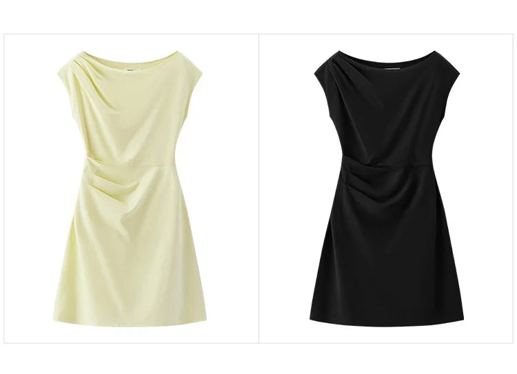 Women Dress One Shoulder Oblique Neck Waist Pleated Solid Cool Feeling Mini 2026 Summer Minimalist Temperament Fashion Top