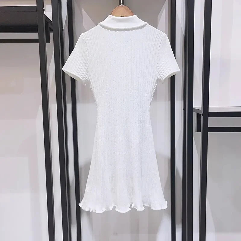 2025 Spring/Summer New Polo Neck Short Sleeve Knitted Dress Y2K Fashion Commuter Elastic Slim Fit Multi Pocket Wrapped Hip Skirt