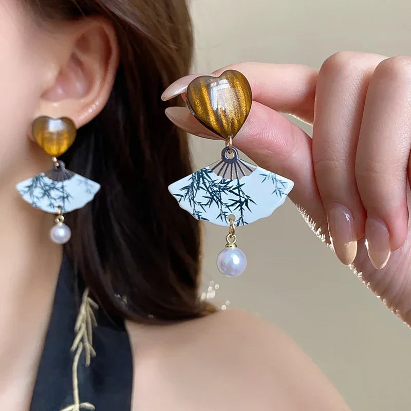 chinese Style Bamboo Joint Flower Earrings Imitation Pearl Fringe Earring New National Tide Personality  Earrings for Women