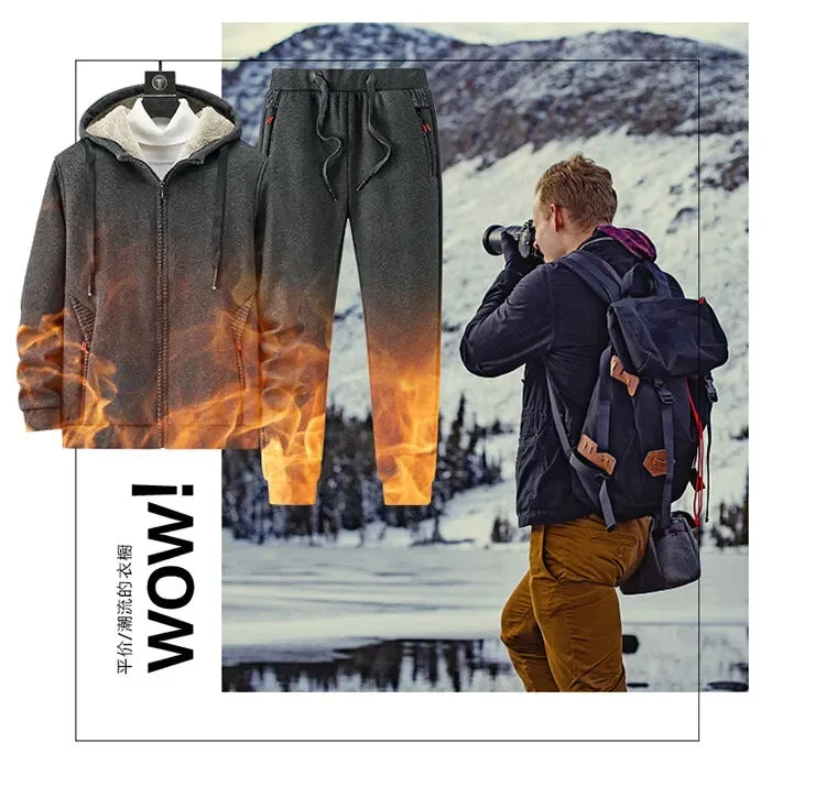 Men's Sets Jacket + pant Warm Fur Winter Sweatshirt Cashmere Tracksuit Men's Sets Fleece Thick Hooded Brand Casual Track Suits