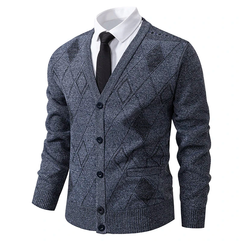 Men Plaid Cardigan V-neck Fleece Sweater Men's  Autumn Clothing Classic Cardigans Jacket Button Mens Knitting Outwear