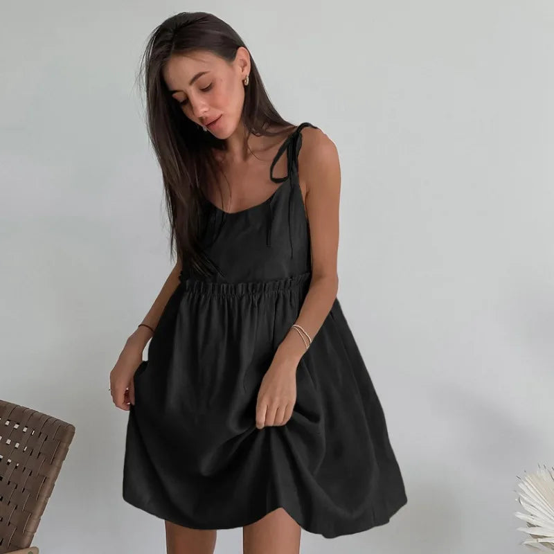 Women's Cotton Linen Spaghetti Strap Mini Dress Summer Loose A-Line Beach Vacation Dress Female Fashion Streetwear Dress