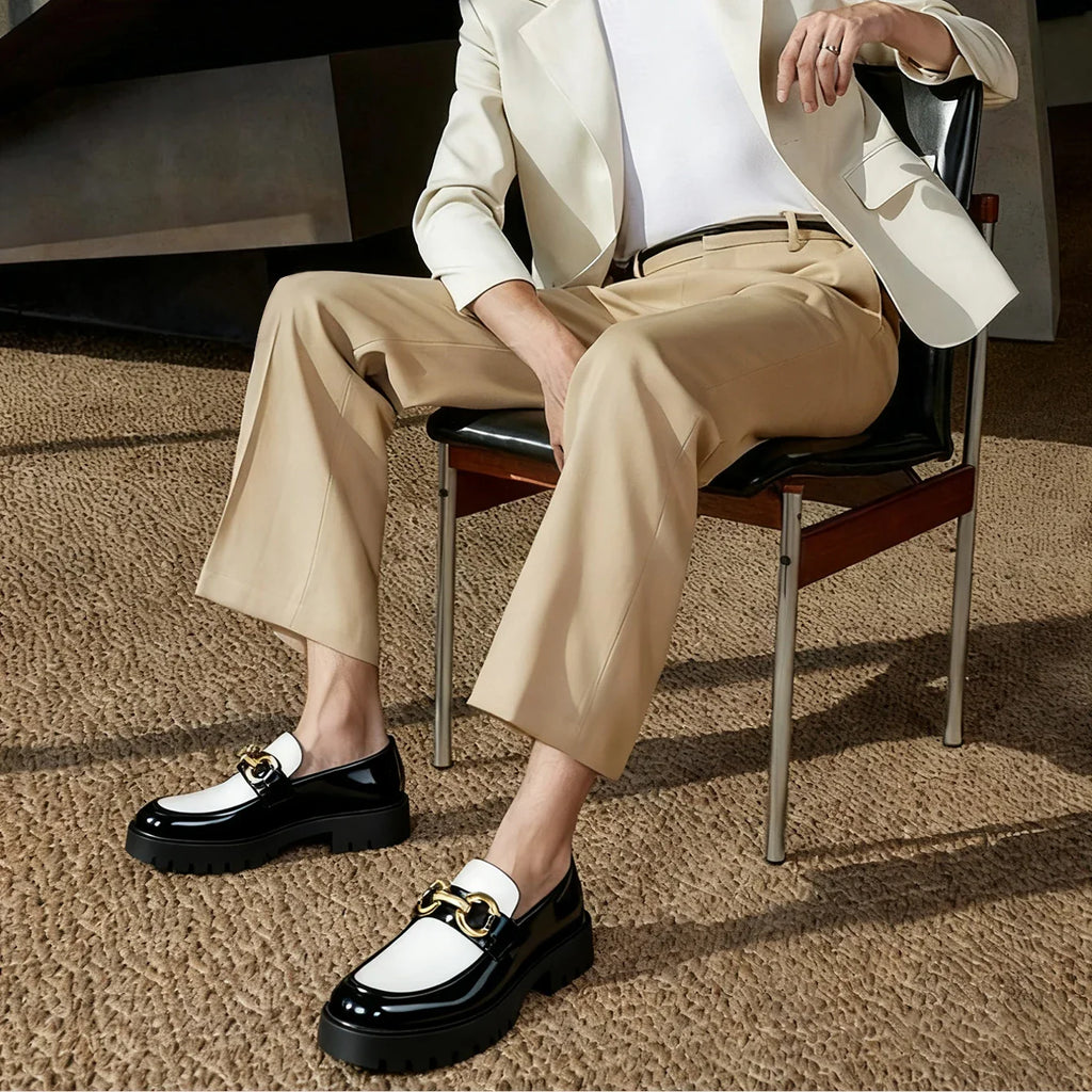 Classic Fashion Thick Sole Men's Penny Loafers Slip-On Business Dress Shoes for Gentleman Metal Buckle Formal Party Glossy Shoes