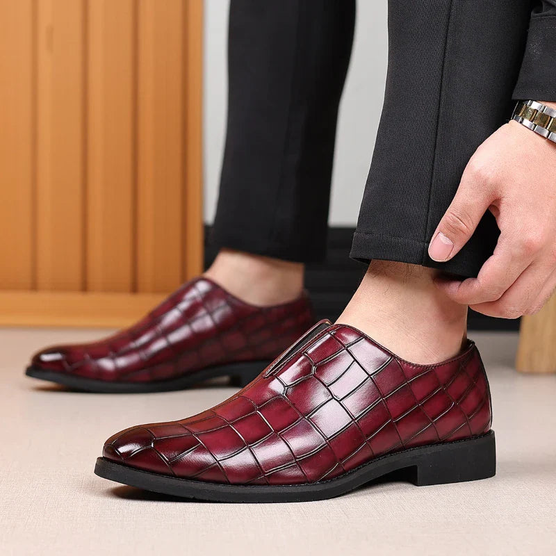 Mens Classic Temperament Brown Crocodile Embossed Leather Loafers Slip On Formal Dress Shoes For Business Office And Casual Wear