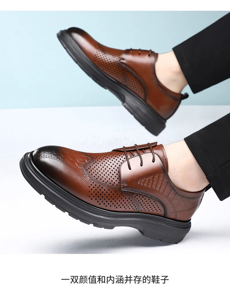 2026 Summer New Men's Cow Leather Oxford Shoes Hollow Out Formal Business Dress Shoes Male Non-slip Fashion Platform Shoe Man