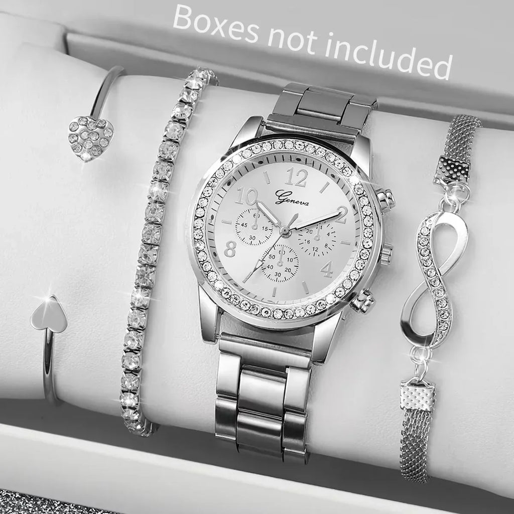 Women's Watch Fashion Rhinestone Arabic Dial Steel Band Quartz Watches Bracelets Set