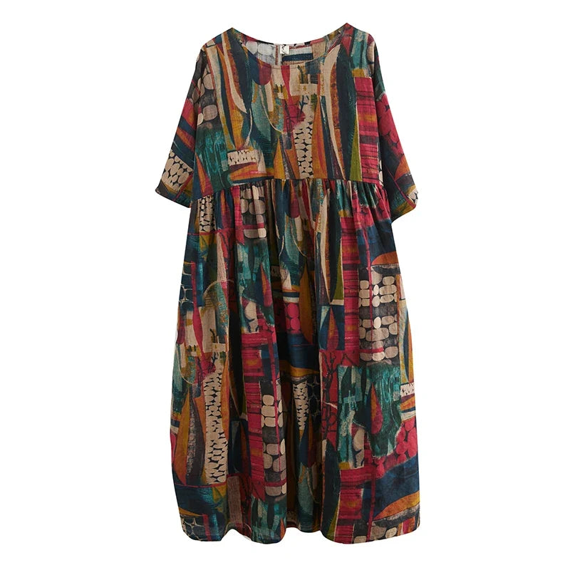 Short Sleeve Cotton Linen Vintage Print Summer Long Dresses For Women 2026 Casual Loose Holiday Ladies Dress Elegant Clothes