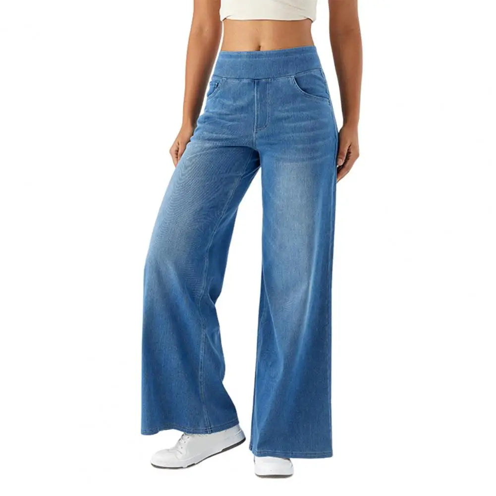 بنطلون جينز واسع الساق بلون واحد بخصر مطاطي عالٍ للسيدات